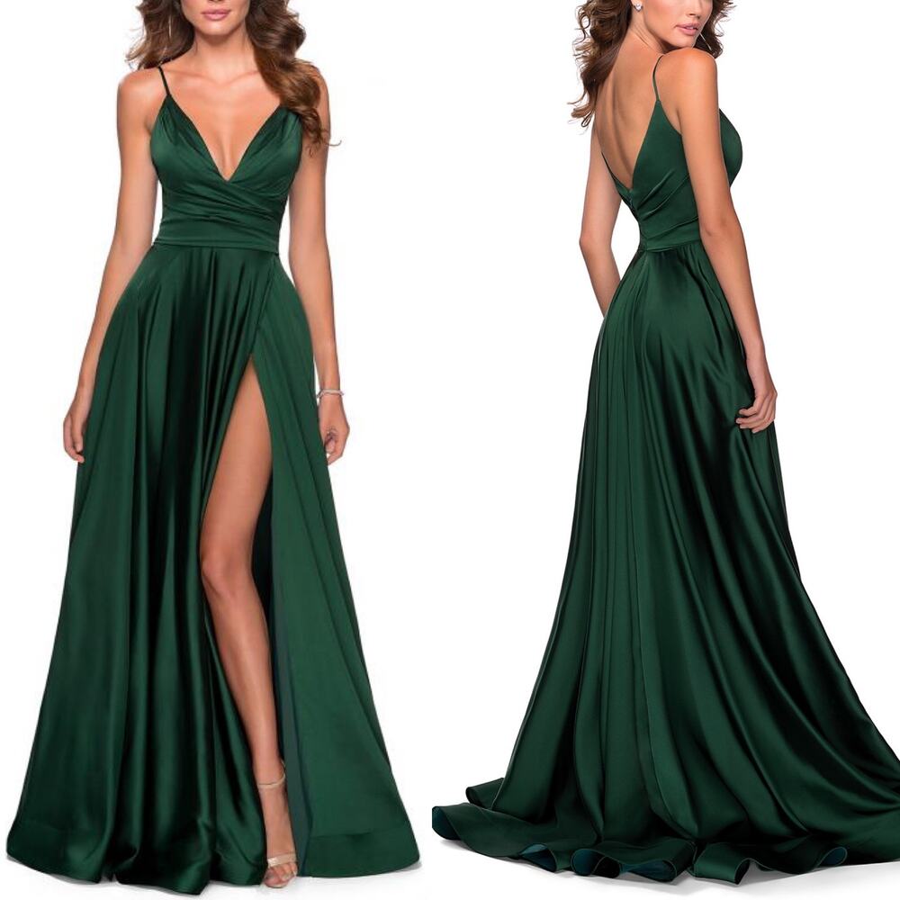 LA FEMME Emerald Green Satin Ball Gown Plunge V-Neck Dress Slit Evening 6 NWT - Picture 2 of 13